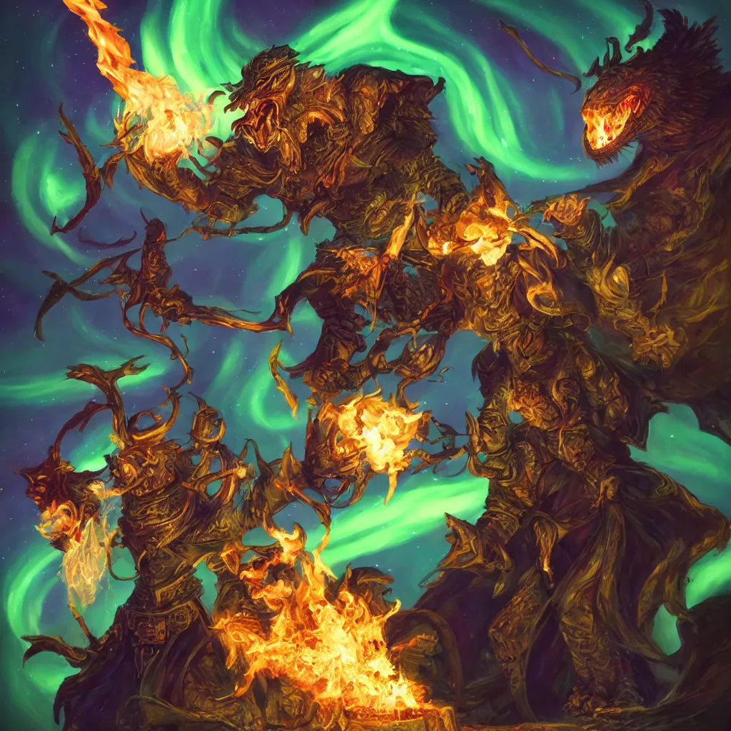 Prompt: dungeons and dragons, hyper detailed, realistic, warlock with pet imp, magic aura, northern lights, fumes and flames in background, full body
