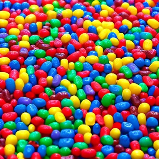 Image similar to Lego City overrun by thousands of jelly beans, old collection, verisimilitudinous