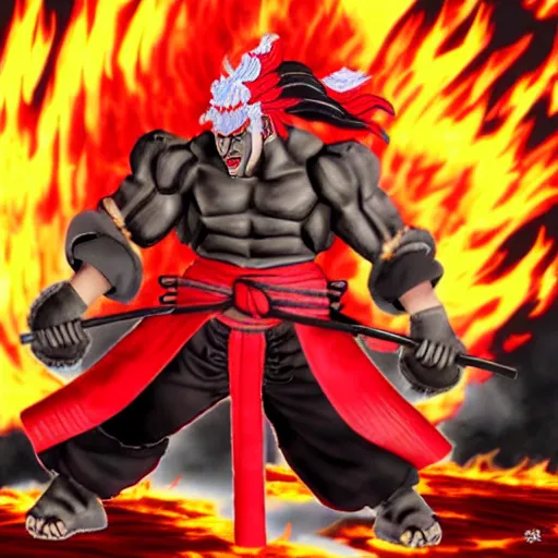 Prompt: a nihonga style shogun that is akuma from street fighter surrounded by flames