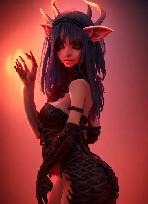 Image similar to imp demon goddess, cute elf ears, strapless dress, character portrait in the style of thomas river and artgerm, cinematic lighting, hyperdetailed, 8 k realistic, symmetrical, global illumination, radiant light,, frostbite 3 engine, cryengine, dof, trending on artstation, digital art, chanel