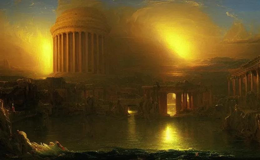 Prompt: a city of light under the ancient runs by thomas cole