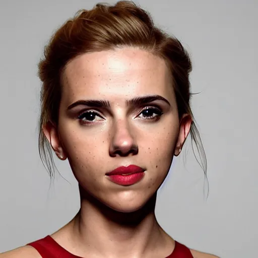 Image similar to a woman who is a genetic combination of scarlett johansson and emma watson face and upper - body focus