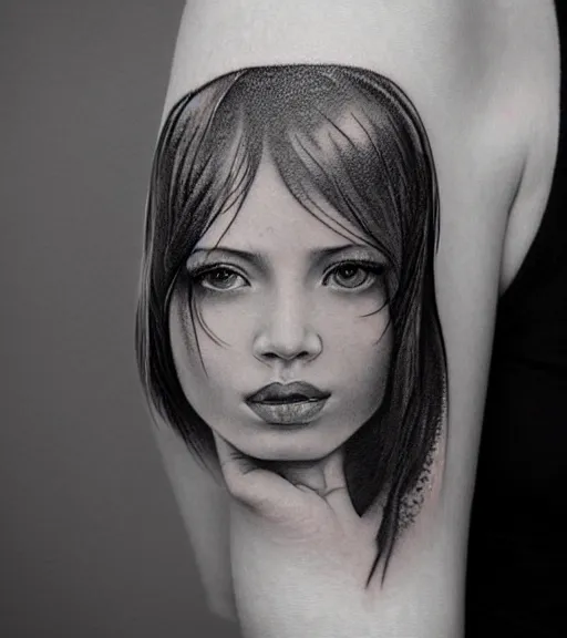 Image similar to a beautiful girl portrait, faded mountain background, realism tattoo, in the style of den yakovlev, black and white, hyper realistic, highly detailed