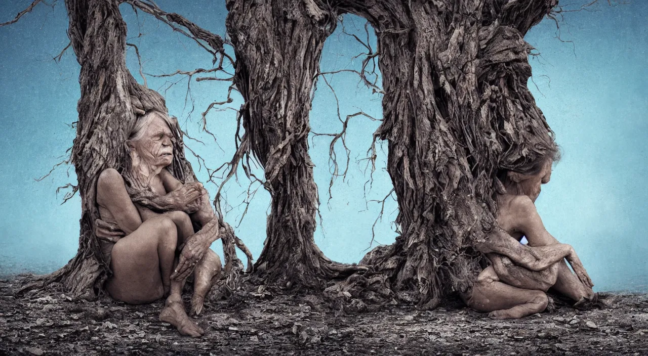 Prompt: 65-year-old tree-woman crying one single tear, facing the camera and sitting on a dried up river in a desolate land, blue sky, hot and sunny, highly-detailed, elegant, dramatic lighting, artstation, 4k, cinematic landscape, color photograph