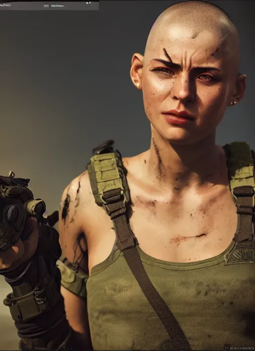 Image similar to A comic book style portrait painting of a female soldier with shaved head in a post apocalyptic setting, unreal 5, DAZ, hyperrealistic, octane render, RPG portrait, dynamic lighting