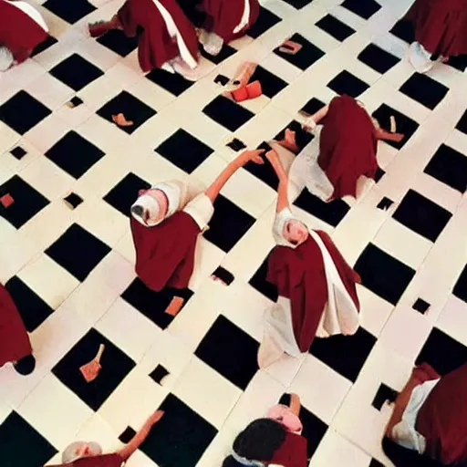 Image similar to award winning photo of nuns playing twister in a sanctuary —width 1024 —height 1024