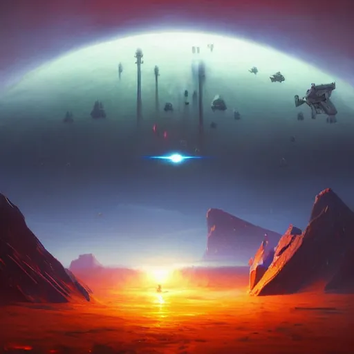 Image similar to ''cinematic shot'' of an star wars battle on the planets surface made of orange hills realistic made by ivan aivazovsky, peter mohrbacher, greg rutkowski volumetric light effect broad light oil painting painting fantasy art style sci - fi art style realism premium prints available artwork unreal engine