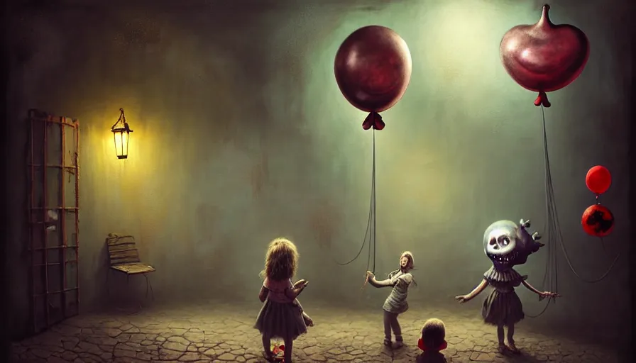 Prompt: michal karcz grunge painting of an amusement park, monster and horror theme. Monster-themed Balloon Shop. A child is is looking at the viewer. the child has a lifeless face. the child is holding a baloon. detailed, elegant, intricate, 4k,