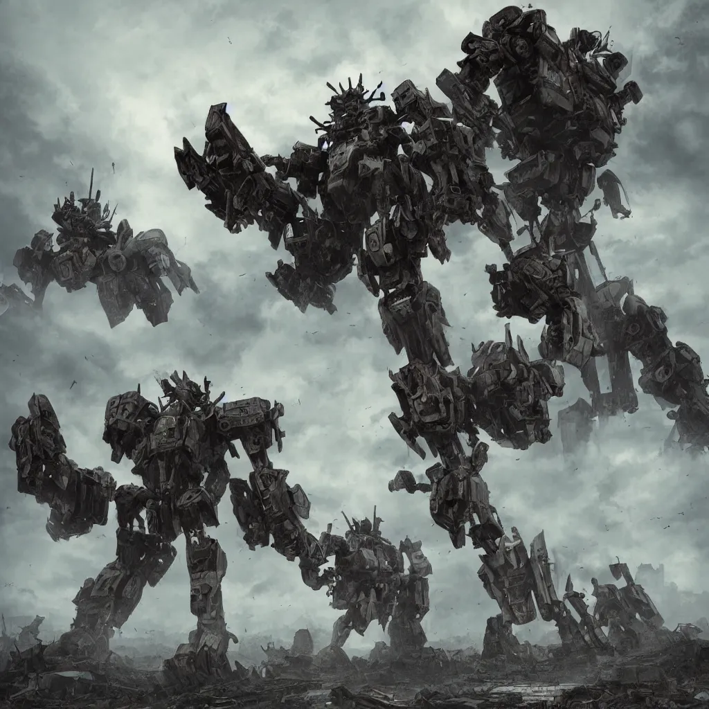Prompt: two giant mechas fighting over a ruined Japan, massive scale, atmospheric, fog, industrial, bulky, concept art, photorealistic, overcast, ground crew, wreckage