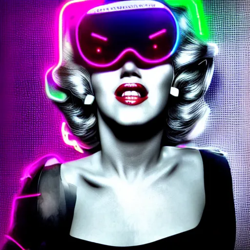 Prompt: marilyn monroe portrait, cyberpunk vr headset, futuristic, wires, neon hard lights, realistic, detailed, photography, vogue photoshoot