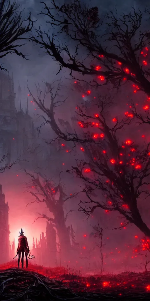 Image similar to abandoned bloodborne old valley with a person at the centre and a ruined city at the end, trees and stars in the background, falling red petals, epic red - orange moonlight, perfect lightning, illustration by niko delort and kentaro miura, 4 k, ultra realistic