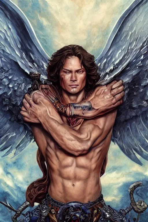 Prompt: muscular Sam Winchester as an angel with religious tattoos on chest and neck, with glowing runes on the body, dark fantasy book cover style, D&D dark fantasy style, sharp focus, ultra detailed, art by Artgerm and Peter Andrew Jones, Karol Bak, Ayami Kojima, Amano and Olivier Ledroit