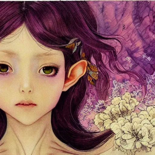 Image similar to little elf girl, tunic, soft hair. light color palate, purple, yellow and white. detailed soft painting, ayami kojima, made in abyss, anatomically correct, inspired in balthus, high detailed face anime, vogue magazine