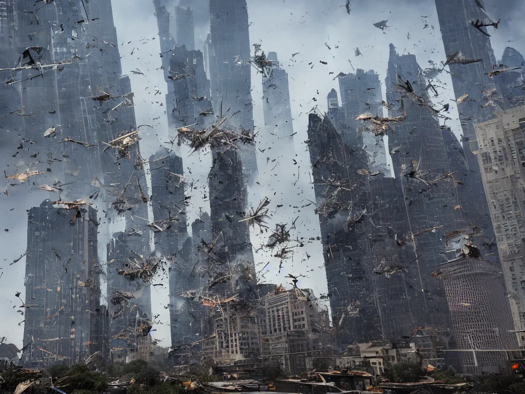 Prompt: giant skyscrapers with debris and destruction falling from sky, mid air, with debris flying around