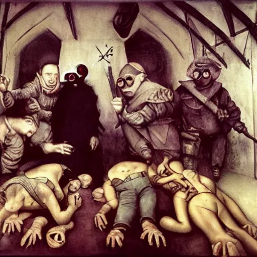 Image similar to 1 9 9 3 disposable camera color flash photo of a gang of plague doctors in the style of jan saudek, annie liebovitz, pieter bruegel the elder, joel peter witkin, gustave dore, heironymus bosch