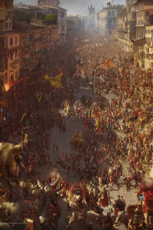 Image similar to Goethe in crowded streets, carnival Rome in 1789, matte painting, concept art, , octane render, trending on artstation, artstationHD, artstationHQ, unreal engine, 4k, 8k