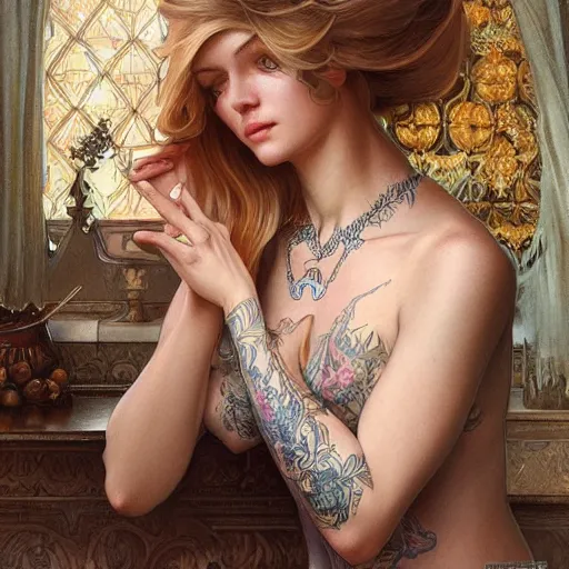 Prompt: ultra realistic illustration, a hot and beautiful tattooed blonde slavic woman in her 3 0's, intricate, elegant, highly detailed, digital painting, artstation, concept art, smooth, sharp focus, illustration, art by artgerm and greg rutkowski and alphonse mucha