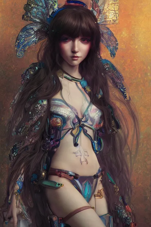 Prompt: portrait of beautiful young golbin fairy, cyberpunk, Warhammer, highly detailed, artstation, illustration, art by Gustav Klimt and Range Murata and Ilya Kuvshinov and Sakimichan