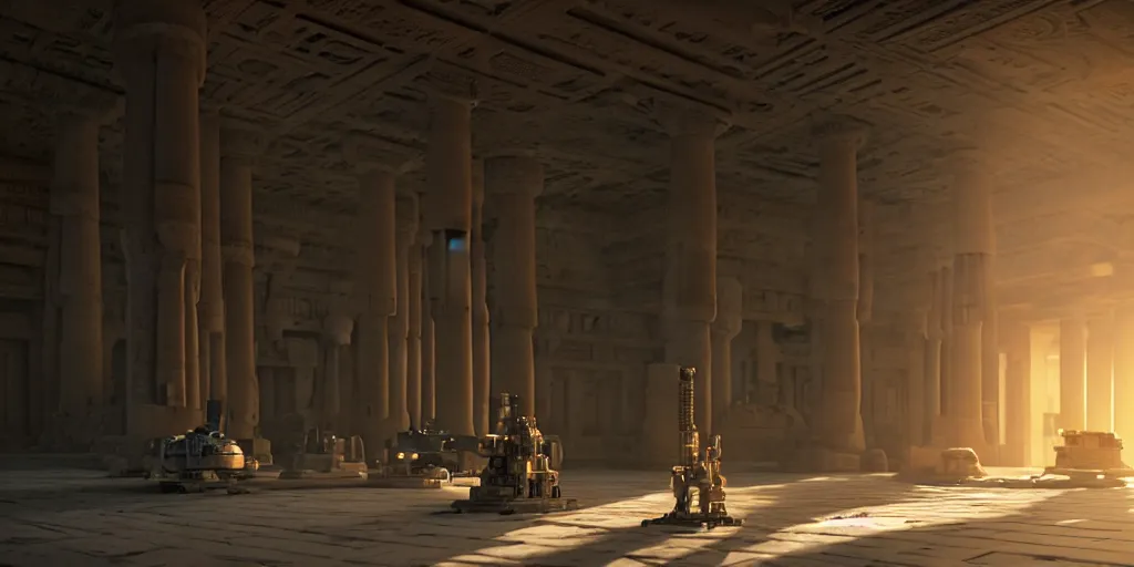 Image similar to sci fi robot repairshop inside of an egyptian temple, tuomas korpi, volumetric light, artstation, octane render, redshift render, low angle camera, intricate, 8 k, matte painting, volumetric lighting, cinematic composition, from avatar ( 2 0 0 9 ), artstation -