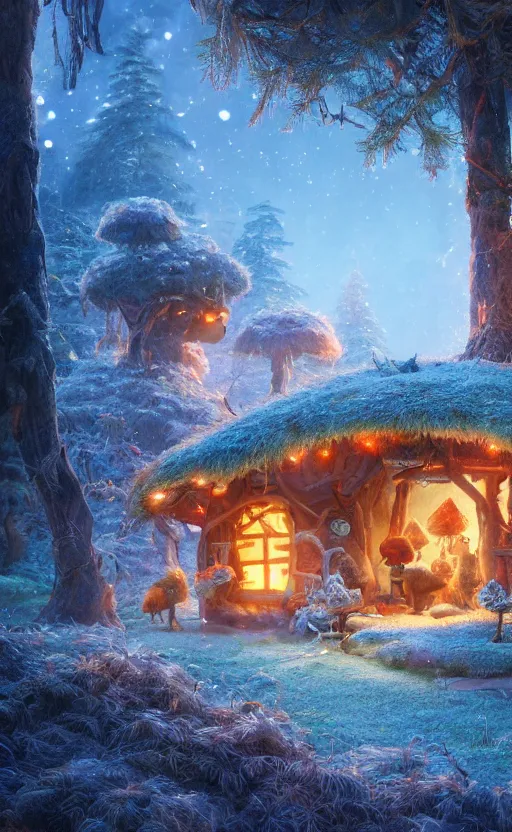 Image similar to a hut made of fur, magical forest, community, robots, electric swirls, furry, soft, concept art, intricate details, highly detailed, photorealistic, disney pixar, octane render, iridescent, anime, 8 k