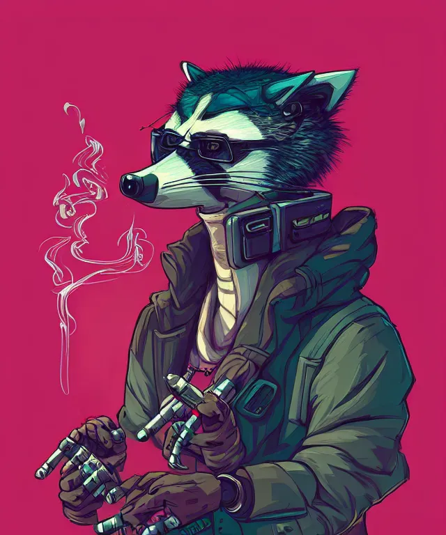 Prompt: a portrait of an anthropomorphic cyberpunk raccoon smoking a cigar, cyberpunk!, fantasy, elegant, digital painting, artstation, concept art, matte, sharp focus, illustration, art by josan gonzalez