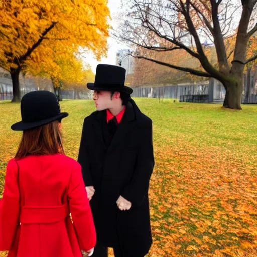 Prompt: A thin man in a black coat and bowler hat talks with small young girl dressed in a red coat and a red hat, park, autumn, Berlin, oil painting style , wide angle, width 768