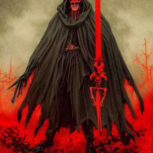 Prompt: in front of the gates of hell, cloak - clad skeletal remains of the grim renegade with a scythe for the soul, ominous, realistic smooth detailed artwork, intricate lines, clear focus, conceptual art, black and red color, arsen asyrankulov, antonino truisi