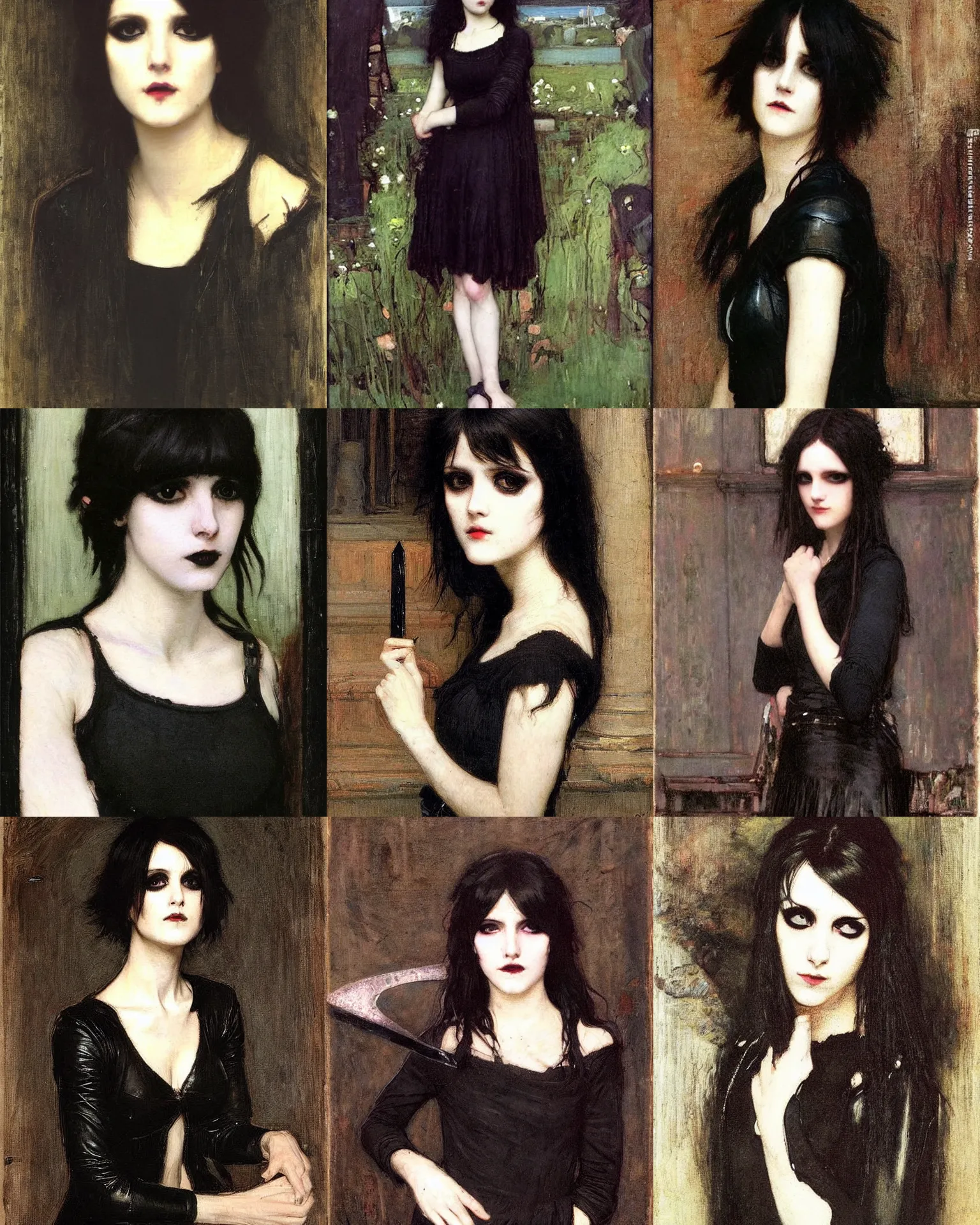 Prompt: A goth portrait by John William Waterhouse. She has large evil eyes with entirely-black sclerae!!!!!! Her hair is dark brown and cut into a short, messy pixie cut. She has a slightly rounded face, with a pointed chin, and a small nose. She is wearing a black leather jacket, a black knee-length skirt, a black choker, and black leather boots.