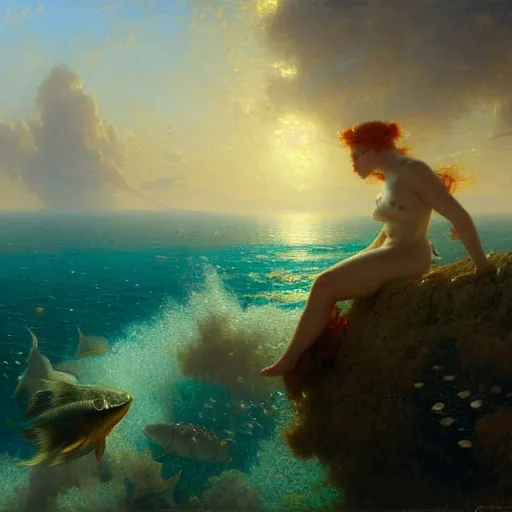 Image similar to point of view, you are deep in the ocean looking up, you see fishes, flora and fauna, higher you see the splendorous milk way illuminating the sea. highly detailed painting by gaston bussiere, greg rutkowski 8 k