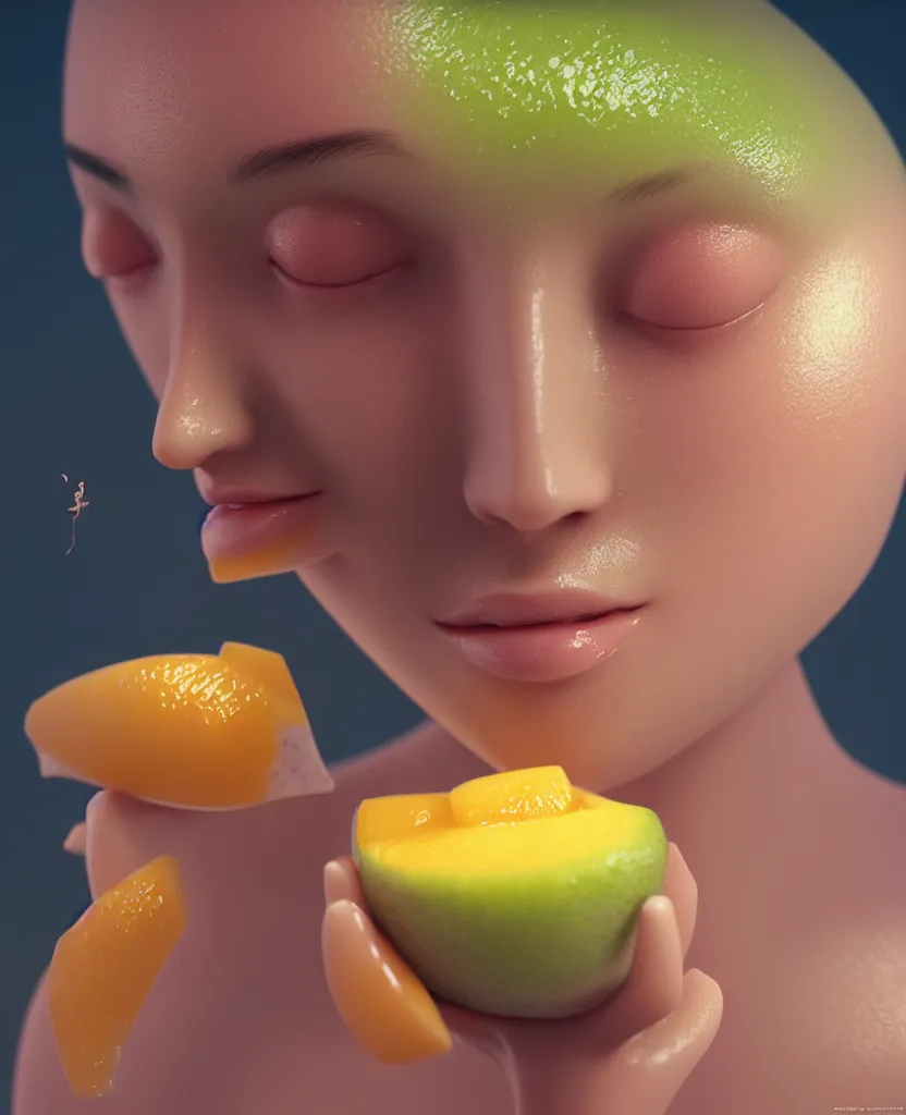 Image similar to goddess close - up yougurt girl, mango fruit, kiwi fruit, mango fruit bioluminiscent, intricate artwork by tooth wu and wlop and beeple. octane render, trending on artstation, greg rutkowski very coherent symmetrical artwork. cinematic, hyper realism, high detail, elegant, octane render, 8 k