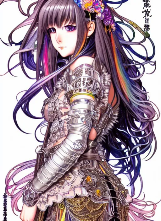 Image similar to highly detailed artstation manga poster of girl mechine, long hair, armor, dress, laces, ruffles, 8 k, rainbow gradient bloom, maximalist, takeshi obata, artgerm, hajime sorayama, alphonse mucha