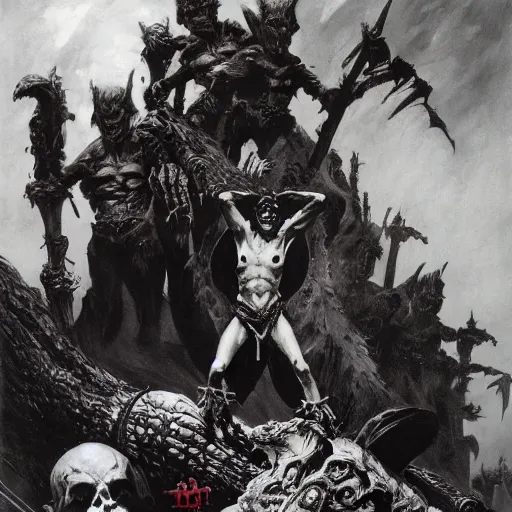 Image similar to A goblin king stands on the corpses of his enemies, painting by Frank Frazetta, detailed, 4k