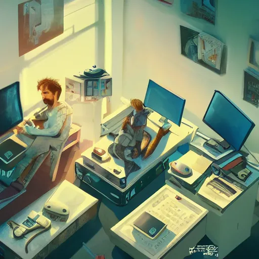 Image similar to aerial view of a guy in his bedroom surrounded by electronics computers food video games, faded effect, highly detailed, digital painting, artstation, concept art, soft light, sharp focus, illustration