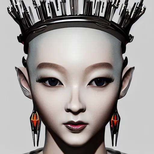 Image similar to portrait of an alien princess, style of Feng Zhu, Artstation geometric, aesthetic, smooth skin, unique features, symmetrical, intricate crown, high fashion, streetwear, cyberpunk, detailed, octane render, cinematic, 8k,