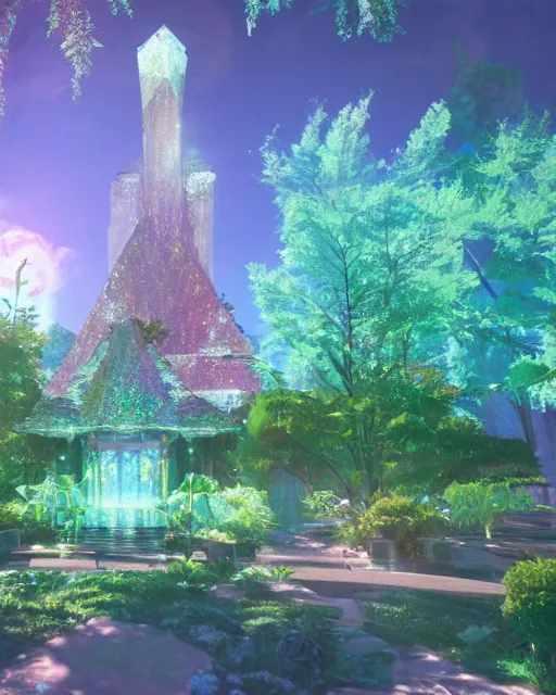 Image similar to a beautiful holograph of crystal castle by makoto shinkai, unreal engine, dreamlike, reflection, soft lighting, gems, prism, iridescence