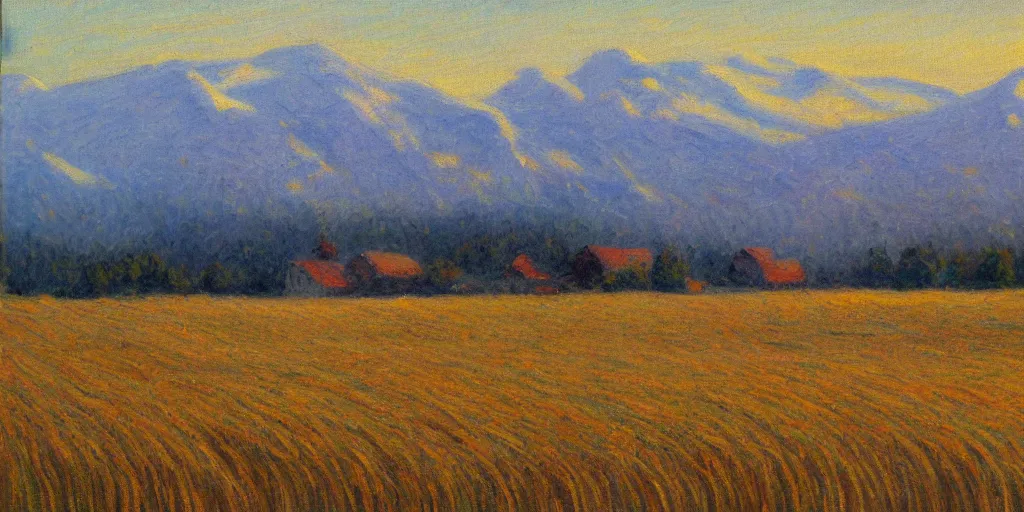 Image similar to impressionism painting of a field of hay on a foggy morning, red barn in distance, sun low on horizon through snow capped mountains