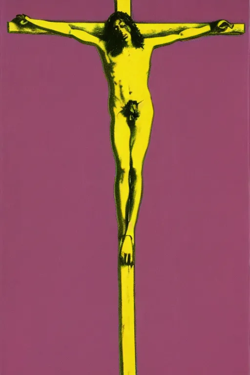 Image similar to bloody jesus christ crucified, yellow sky painted by andy warhol and cy twombly