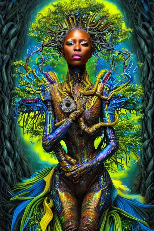 Image similar to hyperrealistic maximalist super expressive! black woman with exoskeleton armor, merging with tree in a forest, highly detailed digital art masterpiece smooth cam de leon hannah yata dramatic pearlescent blue yellow light ground angle hd 8k sharp focus