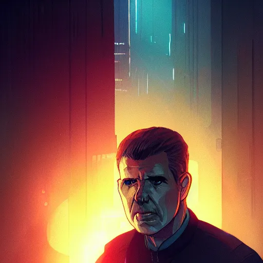 Image similar to Ridley Scott as Rick Deckard, ambient lighting, 4k, anime key visual, lois van baarle, ilya kuvshinov, rossdraws, artstation