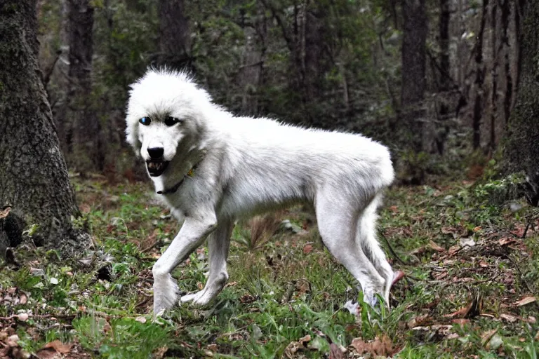 Prompt: !! werecreature canine, photograph captured in the woods