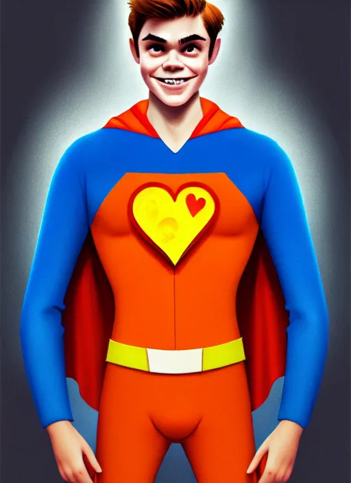 Image similar to friendly teenage archie andrews wearing an orange superhero costume with heart logo, heart, freckles, blue cape, heart emblem on chest, blue cape, intricate, elegant, glowing lights, highly detailed, digital painting, artstation, sharp focus, illustration, art by wlop, mars ravelo and greg rutkowski