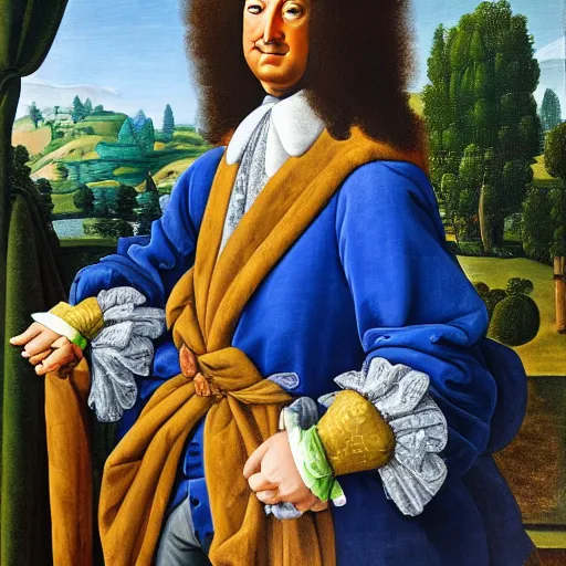 Image similar to a painting of Louis XIV posing while wearing a Fortnite shirt, oil on canvas in the style of Botticelli