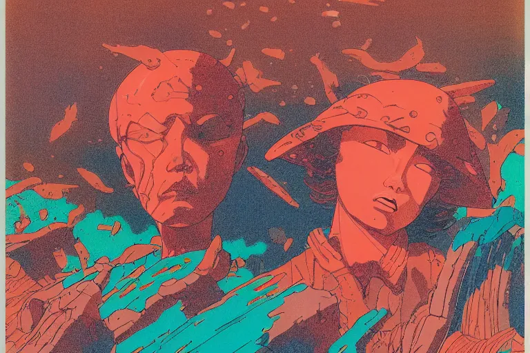 Image similar to risograph grainy drawing vintage sci - fi, satoshi kon color palette, gigantic gundam full - body covered in dead coral reef, 1 9 8 0, kodachrome, natural colors, comicbook spreadsheet, codex seraphinianus painting by moebius and satoshi kon and dirk dzimirsky close - up portrait