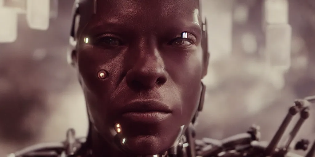 Image similar to a science fiction film still of a black man starring as a cyborg, shallow depth of field, cinematic, award winning cgi, vfx, surrealism, film photography