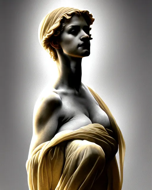 Prompt: statue of a woman, made of marble, clothed, spotlight, backlit, diffuse lighting, fantasy, intricate, elegant, highly detailed, lifelike, photorealistic, artstation, illustration, concept art, sharp focus, art by john collier and albert aublet and krenz cushart and artem demura and alphonse mucha