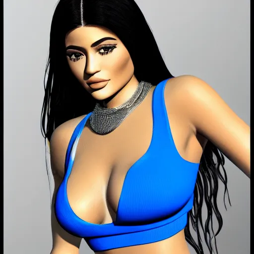 Prompt: Kylie Jenner big bust wearing a blue crop top with big cleavage with golden chains around her neck, full body shot, mk6 silver vw Jetta nearby, Realistic, 4k Resolution, 8k Resolution, Detailed, Very Detailed, Highly Detailed, HD Quality, Digital Art, Trending on Artstation