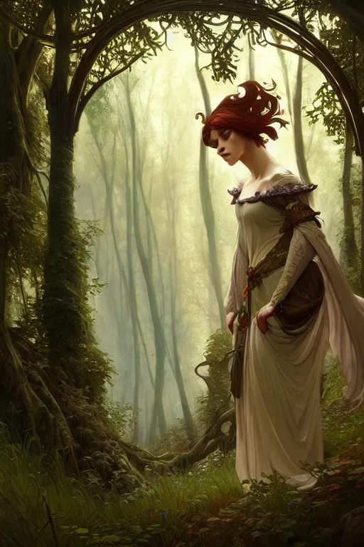 Prompt: beautiful digital painting of a stylish medieval female forest with high detail, 8 k, stunning detail, works by artgerm, greg rutkowski and alphonse mucha, unreal engine 5, 4 k uhd