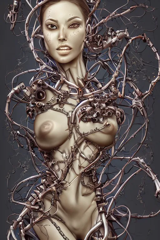 Prompt: gorgeous biomechanical cyborg women being torn apart by vines, by dang my linh