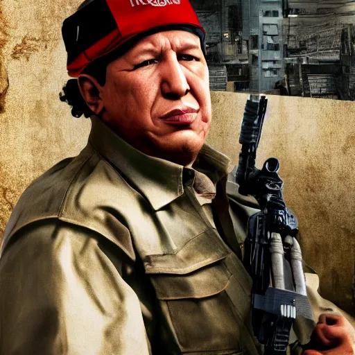 Image similar to A still of Hugo Chávez as Solid Snake from Metal Gear Solid, 4k, photograph, photoreal, realistic, highly detailed, promo shoot, award winning