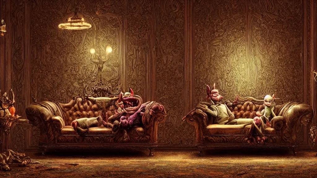 Image similar to a goblin sitting on an ornate victorian couch made out of fox fur, intricate, detailed, volumetric lighting, sharp focus, photorealism, digital painting, highly detailed, concept art, by roger dean and simon stalenhag and mark brooks